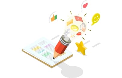 A colorful 3D illustration of a pencil emerging from a notebook, surrounded by icons like stars, hearts, and charts, representing creative content creation and idea development