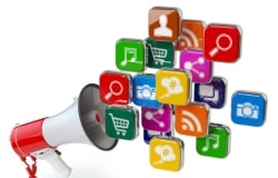 A megaphone symbolizing marketing outreach, surrounded by colorful digital icons representing various online services like e-commerce, social media, and multimedia