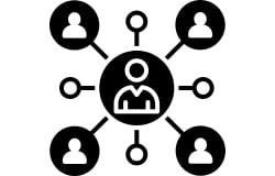 A image icon representing a central figure connected to multiple other figures, symbolizing networking, collaboration, or social engagement