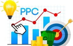 An illustration of Pay-Per-Click (PPC) advertising with financial elements like money, a target with an arrow, and a graph showing growth. It highlights key aspects of PPC, including paid clicks, cost-effectiveness, and strategic campaign targeting