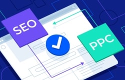 A graphic showing the integration of SEO (Search Engine Optimization) and PPC (Pay-Per-Click) in digital marketing. It emphasizes the combined power of organic and paid search strategies, with checkmarks symbolizing accuracy and success