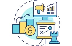 A colorful illustration showcasing paid advertising elements, including a dollar sign, graphs, a marketing megaphone, and a strategic plan symbolized by a chess piece