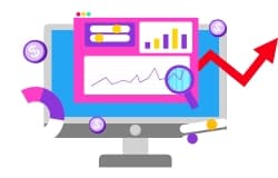 A computer monitor displaying a colorful analytics dashboard with graphs, charts, and icons like coins and a red upward arrow, representing financial data and business growth on a clean white background