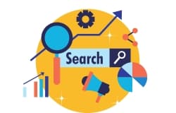 A colorful representation of SEO with icons like a magnifying glass, upward-trending arrows, pie charts, and graphs. The design symbolizes search engine optimization, keyword research, and analytics for improved online visibility