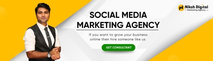 This banner promotes Niksh Digital – a Social Media Marketing Agency, featuring a professional man and a sleek yellow-white design. It highlights business growth through social media marketing with a bold headline, a call-to-action button ("Get Consultant"), and the Niksh Digital logo for brand identity