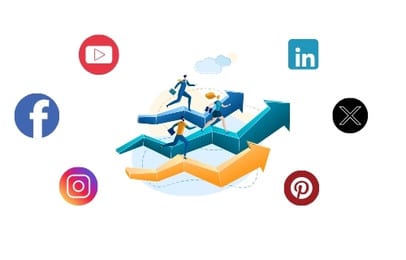An illustration of people climbing arrows, representing business growth through social media platforms like Facebook, Instagram, LinkedIn, and Pinterest