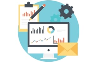 This image symbolizes digital marketing analytics, featuring a computer with charts, a clipboard, gears, and an envelope, representing campaign tracking, planning, optimization, and email marketing