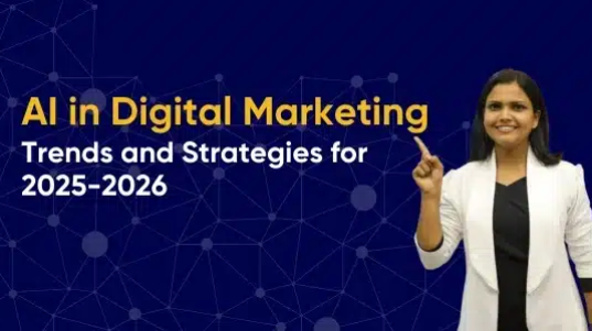 This image presents insights into how Artificial Intelligence is transforming digital marketing, focusing on trends and strategies for 2025–2026. Featuring a confident speaker against a tech-inspired background, it symbolizes innovation, technology integration, and forward-thinking in the digital marketing landscape