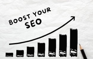 A rising bar chart with an upward arrow labeled "Boost Your SEO", symbolizing growth in website performance through quality content