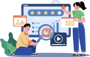 This engaging illustration showing people analyzing SEO performance. It reflects how effective SEO can help businesses improve online presence, reach their target audience, and generate better leads through optimized strategies