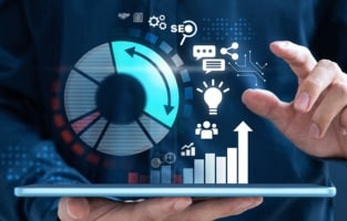 A hand interacts with a digital interface showcasing business analytics, SEO, growth charts, and networking symbols