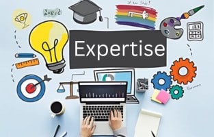 This image represents the concept of "expertise" through visuals of tools, education symbols
