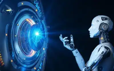 A humanoid robot interacting with an advanced digital interface featuring a glowing artificial intelligence core, symbolizing the integration of AI and technology in future innovations