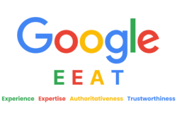 Google-style graphic presenting E-E-A-T values in colorful branding, showing the emphasis Google places on these principles for SEO