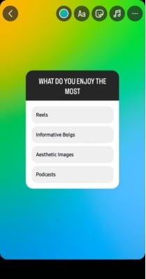 This image feature Instagram poll with a question like "What do you enjoy the most?" and the options are informative blogs, reels, aesthetic images, podcast