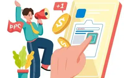 A colorful image showing a person holding a megaphone labeled “PPC” and a hand clicking on an ad