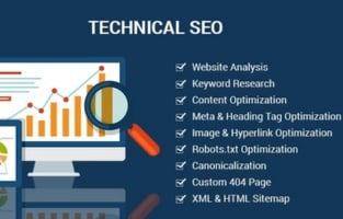This image outlines the technical side of SEO, including website analysis, robots.txt, sitemaps, and meta tag optimization