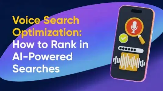 An image showing a smartphone with voice search icons, explaining how to improve website rankings in AI-driven voice searches