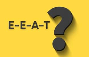 Bold yellow background with a large question mark and the acronym E-E-A-T, inviting curiosity about the concept’s meaning and importance