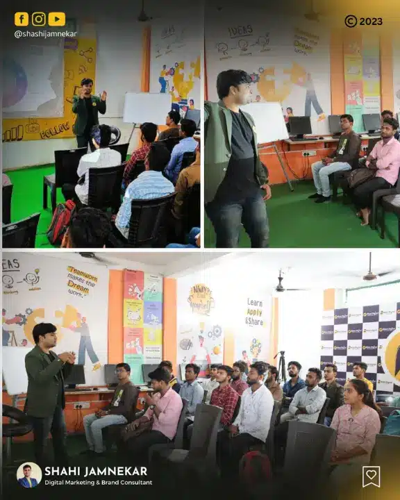 A photo collage showing Digital Marketing Consultant Shashi Jamnekar actively teaching and interacting with students during a dynamic workshop in a modern training room.